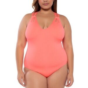 BECCA PLUS Size Women's Swimwear Coral Pink Strappy One Piece Swimsuit
